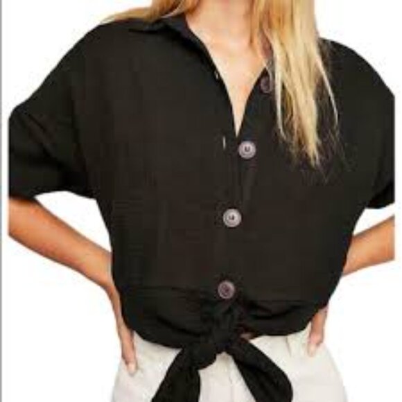 Free People Tops - Free People Sunstreaks Tie Front Black Gauzy Long‎ Sleeves XS